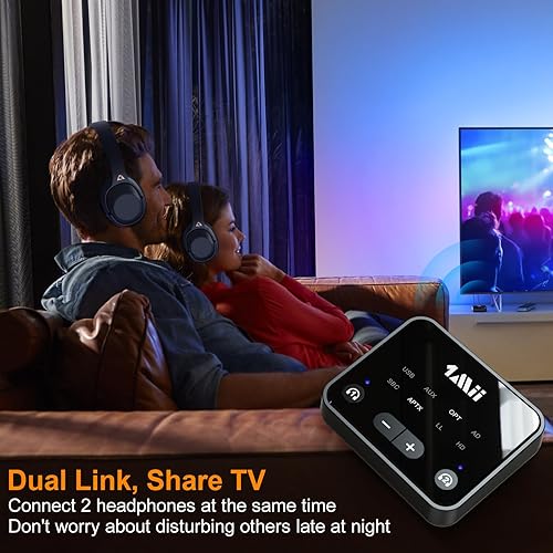 1Mii Trasmettitore Bluetooth 5.3 per TV a 2 Cuffie Wireless, Adattatore Bluetooth a Lunga Portata 30m per TV con aptX Low Latency & HD, Ingressi Audio Optical/USB/AUX/RCA - Fashionser