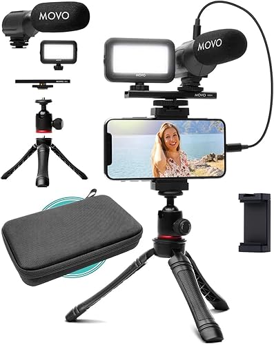 Movo iVlogger Kit para iPhone: Kit de Vlogging compatible con Lightning - Accesorios: Micrófono Direccional, Luz LED, Trípode para teléfono y Soporte para teléfono - Para YouTube o Kit de Vlogging - Fashionser