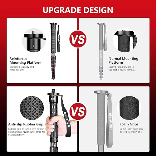 Manbily Monopiedi per fotocamere 71 pollici con piedi, bastone da passeggio 180 cm fotocamera monopiede Mount alluminio leggero con base treppiede 5 sezioni max 10 kg per viaggio DSLR Canon Nikon Sony - Fashionser