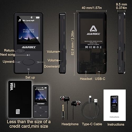 Lettore MP3 Suono HiFi, MP3 Lettore Musicale con Radio FM, Mini Lettore MP3 Bluetooth Auricolari Inclusi, Lettore MP3 Portatile, Possibilità di Inserire una scheda TF - Fashionser