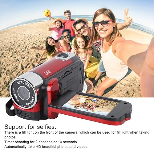 Videocamera DV da 16 Megapixel, Fotocamera con Zoom Digitale 16X, Videocamera HD 1080P, Schermo Ruotabile TFT da 2,7 Pollici con Interfaccia USB, Videocamera per Bambini (Rosso) - Fashionser