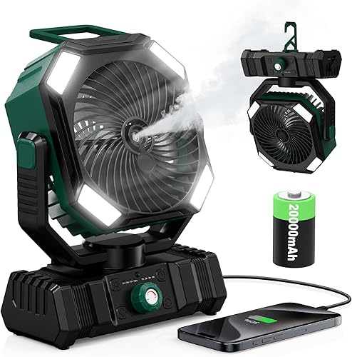 OUWANCH Ventilatore Nebulizzatore Portatile, Batteria 20000mAh Ricaricabile, Serbatoio 300ml, Oscillazione 45°-90°, Rotazione 270°, Timer, Luci LED, per Campeggio, Esterno, Scrivania - Fashionser