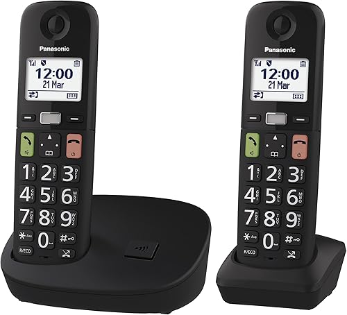 Panasonic KX-TGU112EXB - Telefono digitale wireless con segreteria telefonica, unità base e 2 combinazioni, schermo LCD, tasti grandi, chiamata preferita, compatibile con apparecchi acustici, nero - Fashionser