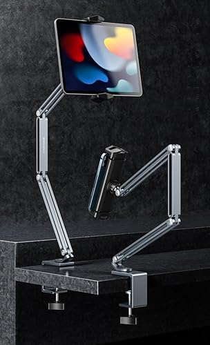 Supporto Tablet, Porta Tablets in Alluminio per Scrivania iPad Stand Regolabile Porta Tablet Letto con Clip Girevole 360° Supporto per 4-13 Pollici Smartphone Pieghevole per Letto Divano e Ufficio - Fashionser