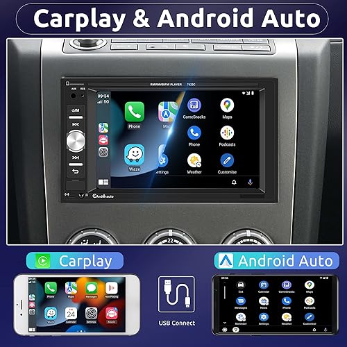 Rimoody Carplay Autoradio 2 Din con Android Auto Bluetooth 6.2 Pouces Touchscreen Autoradio con Vivavoce Bluetooth FM Radio USB/AUX/TF/EQ Comandi al Volante Telecamera Posteriore Telecomandi - Fashionser