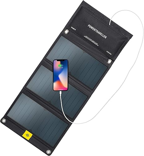 Powertraveller Falcon 21: Caricatore solare pieghevole portatile da 21 Watt - Uscite USB 5V e 20V DC, resistente agli spruzzi e robusto - Fashionser