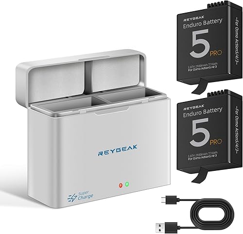 REYGEAK Batteria e caricatore per DJI Osmo Action 5 Pro/Action 4/3, confezione da 2 batterie con 2 porte, ricarica rapida PD, batteria ricaricabile da 2100 mAh, per DJI Action 5/4/3 - Fashionser