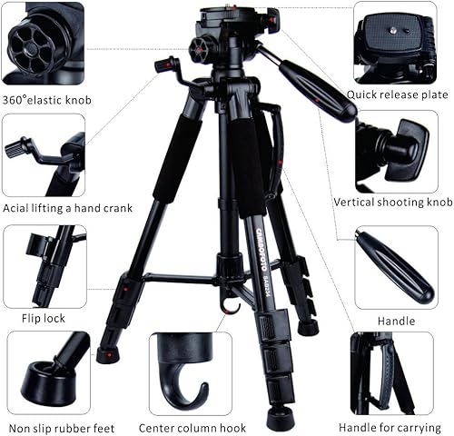 Treppiede per Fotocamera 176,5CM con Monopiede, Treppiede in Lega di Alluminio con Supporto per Smartphone, Compatibile con Fotocamere DSLR, Videocamere, Smartphone, Carico Massimo 4KG - Fashionser