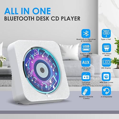 Gueray Lettore CD Bluetooth Hifi Con Altoparlante, Telecomando, Protezione Antipolvere, Schermo LED, Timer, Radio - Supporta AUX, USB, TF Card Playback - Fashionser