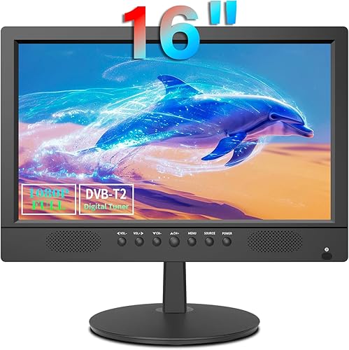 TV digitale 16 pollici Freeview, sintonizzatore DVB-T2, ingresso AV, HDMI/VGA, slot USB, alimentazione da auto (12 Volt) o da rete elettrica, telecomando，H.265 - Fashionser