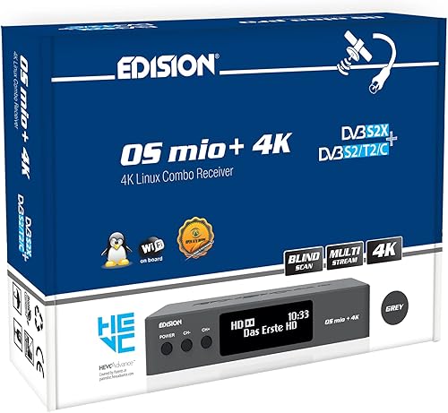 Edision OS Mio+ 4K Triple DVB-S2X+DVB-S2/T2/C H265 HEVC Main 10, E2 Linux, 4K Ricevitore Combo, Multi Stream, Blind Scan, Wifi On Board, Grigio - Fashionser