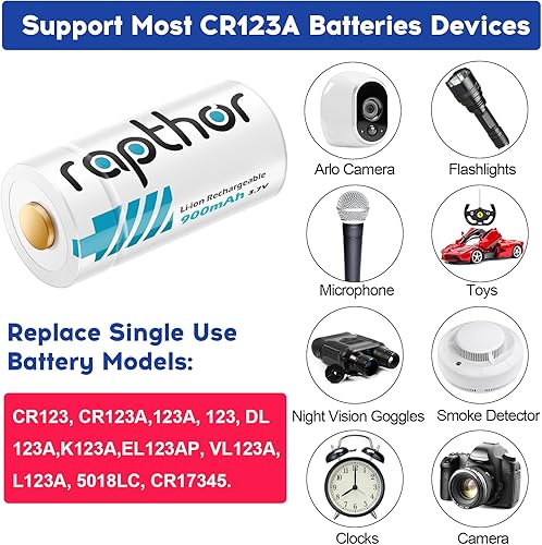 Rapthor 900mAh ricaricabili 123A / 123 batterie al litio compatibili con fotocamere Arlo VMC3030 VMK3200 VMS3130 3230C Torce Allarme Rilevatore di fumo Sensore intelligente (4 batterie + 1 ciocca) - Fashionser