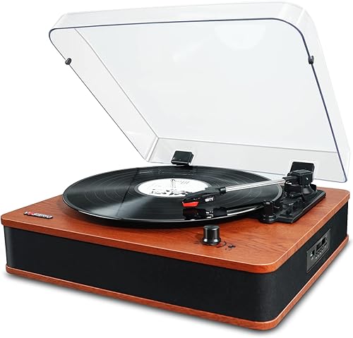 Vinile Giradischi Bluetooth con Casse, Lettore LP Vintage con Altoparlanti Stereo, 3 Velocità Gira Dischi per Vinili con Uscite RCA, Presa Cuffie, Radio FM, USB, Aux-in e display a LED - Fashionser