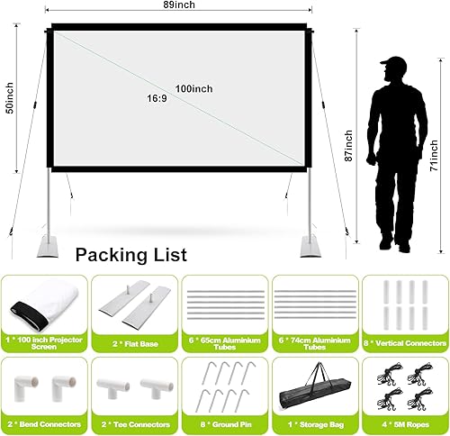 Schermo Proiettore 120 Pollici,HOPFROG Telo Proiettore con Supporto Projector Screen 16:9 HD 4K Telo per Proiettore Anteriore e Posteriore con Borsa di Stoccaggio - Fashionser