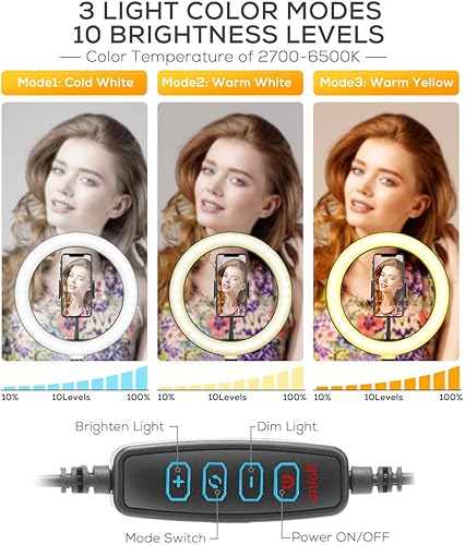10.2’’ Ring Light, HOVVIDA 26cm Luce ad Anello LED da Telefono con Supporto per Smartphone, Telecomando, 3 Colori, 10 Luminosità per TikTok, Video, Selfie, ecc. - Fashionser