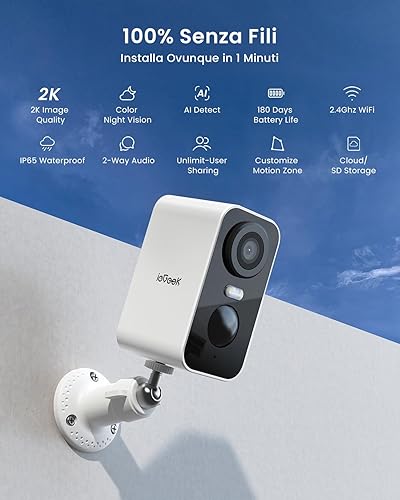 ieGeek 2K Telecamera Wi-Fi Esterno/Interno Senza Fili, Videocamera Sorveglianza WiFi Batteria, Rilevamento Movimento PIR, Sirena, Visione Notturna a Colori, 2 Vie Audio, Locale/Cloud, 2 pz - Fashionser