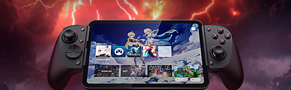 Supporto per controller di gioco mobile che mostra diversi angoli di visualizzazione con il marchio «KISHI PRO» e un design di supporto per smartphone.