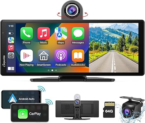 Carpuride W903 Wireless Carplay & Radio Android Auto con Telecamera da Cruscotto 4K, Telecamera di Retromarcia, Touch Screen Portatile IPS da 9,3', Ricevitore Radio con Specchio, Bluetooth, Navigazion - Fashionser