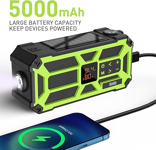 Raddy SW5 Radio Dinamo con Ricarica Manuale Powerbank da 5000mAh Radio Impermeabile IPX5 AM/FM Portatile di Emergenza ad Solare con Bussola, Torcia, Allarme SOS per Campeggio ed Escursioni - Fashionser