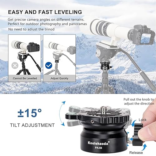 Treppiede Leveling Base,PA-55 Base di Livellamento Mezza Sfera, inclinazione 15°, con filettatura da 1/4' e livello a bolla offset per Canon, per Nikon e Fotocamere DSLR - Fashionser