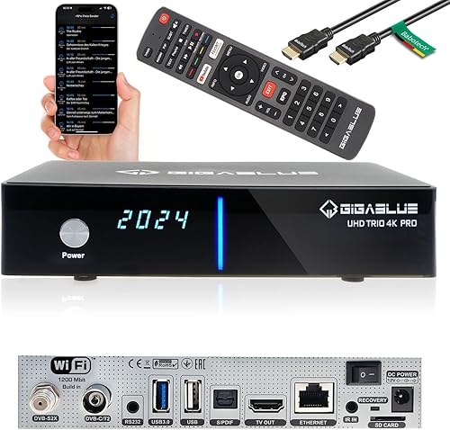 GigaBlue Cavo UHD Trio 4K Pro, ricevitore satellitare DVB-S2X/C/T2, sintonizzatore, PVR-Ready su scheda USB/SD, WLAN 1200 Mbit/s, HDMI, USB, LAN, Bluetooth, alimentatore di rete da 12 V - Fashionser