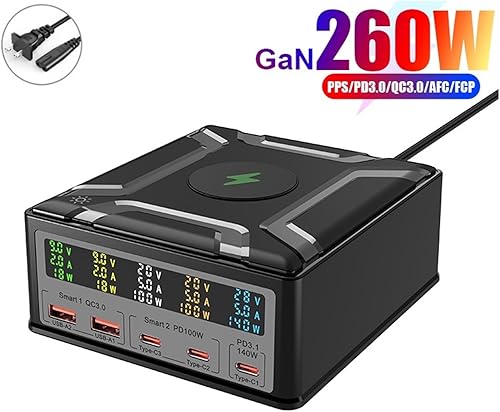 TIEOAXFT Stazione di Ricarica USB C da 260 W, Caricabatterie rapido 6 in 1 con PD3.1 USB-C 140 W PPS 100 W 45 W, Porta QC3.0 e Pad di Ricarica Wireless(E-U-Plug) - Fashionser