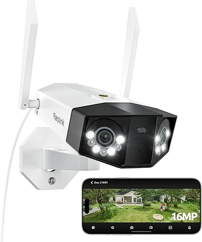 Reolink Telecamera di sicurezza 16MP UHD 180°, Wi-Fi 6 dual-band 2,4/5GHz, Motion Track, visione notturna con faretti, rilevamento smart, registrazione 24/7, archiviazione locale, Duo 3 WiFi - Fashionser