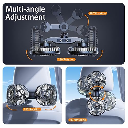 Ventilatore per auto per sedile posteriore, 2000 mAh, ventola per sedile posteriore, regolabile, doppia testa, USB, ventole portatili per auto con 3 velocità, ventilatore per seggiolino auto, - Fashionser
