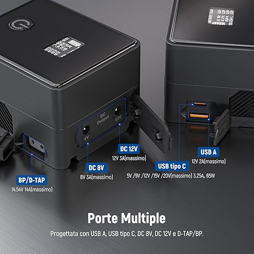 NEEWER Mini Batteria V Mount PS099E, 6800mAh 99Wh 14,5V, Batteria V Lock con Cavo Tipo C/DC5521/DC5525, Display OLED, Ricarica Rapida 65W PD USB C, D Tap/BP/USB A/Uscita DC per Videocamera Monitor - Fashionser