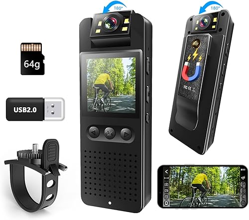 Bextgoo Body Cam, Mini Telecamera con TF Card da 64GB, Visione Notturna a Colori, 16MP Foto, Batteria 6-8 Ore, Clip Magnetica &Supporto Bici, Action Cam per Casco/Moto/Ciclismo/Sport/Polizia - Fashionser