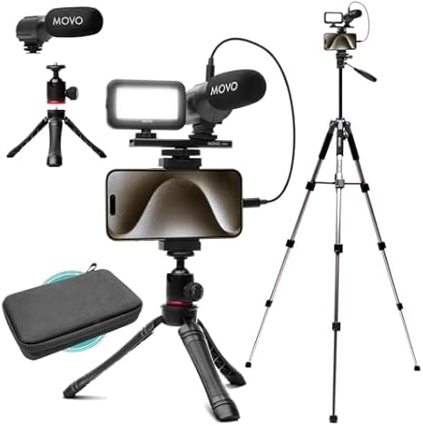 Movo uVlogger Kit Vlogging Compatibile Android/USB-C/iPhone 15 con Treppiede Grande - Kit Iniziale YouTube per Creatori di Contenuti - Accessori: Treppiedi, Supporto Telefono, Luce, Microfono Shotgun - Fashionser