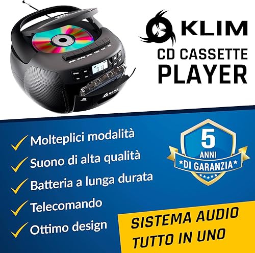 KLIM Lettore CD Con Custodia + Lettore Cassette Audio, AM/FM Radio Bluetooth, Stereo CD Player, Remota, Registrazione Su Nastro, USB Drive, AUX, Radio Stereo Casa Alimentazione AC/DC - Fashionser
