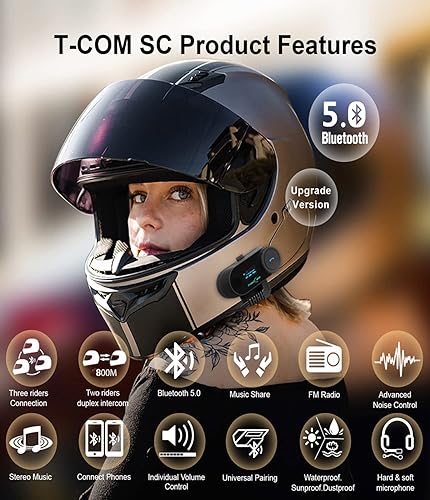 FreedConn Interfono Moto, T-COM SC Auricolari per Casco Bluetooth 800m, Universale Cuffie Motociclo Condivisione Della Musica Impermeabile Con Schermo LCD, Cancellazione del Rumore DSP&CVC Radio FM - Fashionser