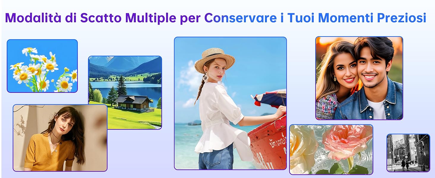 Collage di diverse foto che mostrano diverse modalità di scatto della fotocamera. Le immagini includono fiori, paesaggi, ritratti e scatti d'azione, che dimostrano vari stili e soggetti fotografici