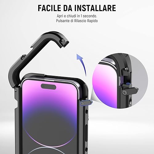 NEEWER Gabbia Cellulare per iPhone 14 Pro Max, Stabilizzatore per Telefono Smartphone Rig Video in Lega di Alluminio con 2 Scarpette Fredde e Filettature 10x1/4', PA006 - Fashionser