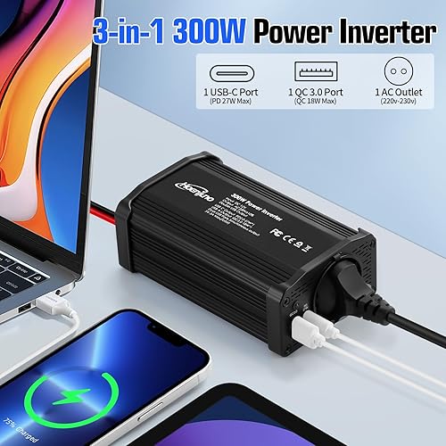 Hoenjuno Inverter di Potenza, Invertitore 300W per Auto, Convertitore da 12V a 220-240V con Doppia Porta di Carica USB da 4.8A ~ Carica Laptop, iPad, iPhone, Tablet, Console e Molto Altro - Fashionser