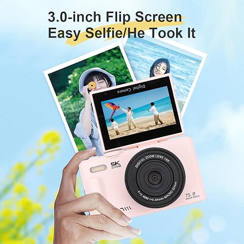 Camera Digitale 5k, Videocamera WiFi a Fuoco Automatico con Zoom Digitale 18x, Schermo di Lancio da 3 Pollici a 180 °, Fotocamera Vlog da 75 MP per Fotografia, Luce di - Fashionser