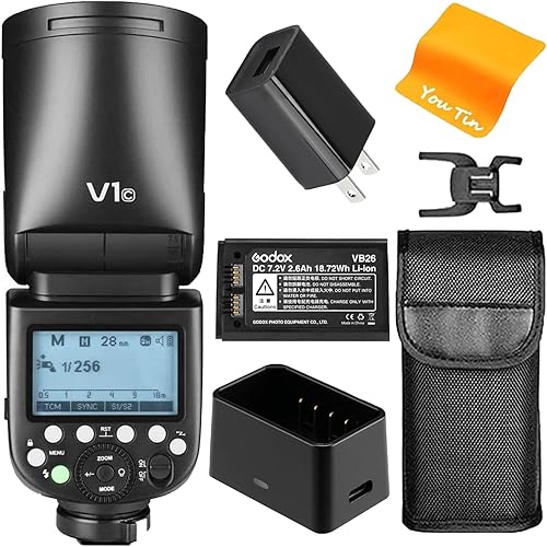 Godox V1C Kit Flash Rotondo per Canon - Flash a Testa Tonda per Fotocamera 2.4G HSS 1/8000S TTL, Tempo di Ricarica 1,5 Secondi, Batteria al Litio 2600mAh, Lampada Pilota a LED - Fashionser