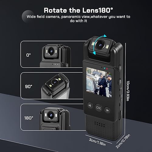 Telecamera Portatile Videocamera Body, biettivo Rotante a 180° con Video e Audio Body Cam, Videocamera HD 1080P Grandangolo a 120°, per Outdoor Polizia Consegna Ciclismo - Fashionser
