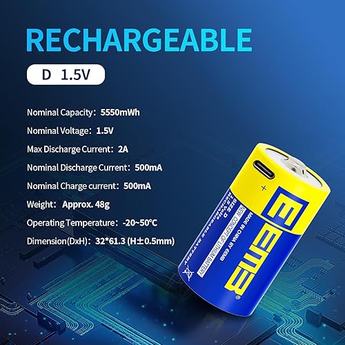 EEMB Batterie D da 1,5 V Batterie D ricaricabili 5550mWh Batterie ricaricabili a celle D al litio Cavo di ricarica USB tipo C Batteria di ricambio LR20 per torcia elettrica - Confezione da 4 pezzi - Fashionser