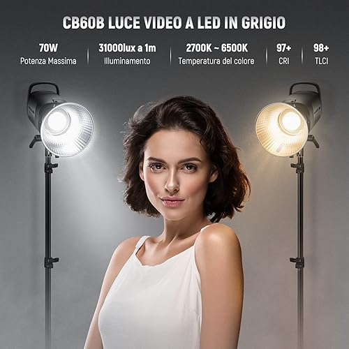 NEEWER CB60B 70W Luce Video LED con Controllo 2,4G/APP COB Bicolore Illuminazione Video Continua Attacco Bowens 2700K-6500K 34000Lux@1m/Modalità CCT/CRI97+/12 Scene per Studio Registrazione Fotografia - Fashionser