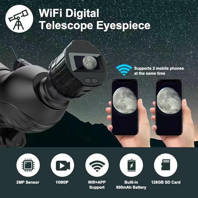 Telecamera Elettronica WiFi per Telescopio - 1080P HD Video Recording Wireless Digital Eyepiece con display da 1,5'' per telescopi 28mm-50mm Binocoli Monoculari Telescopi Astronomici - Fashionser