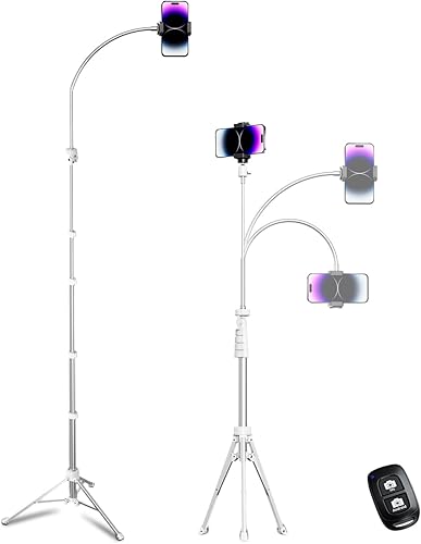 Aureday Treppiede per cellulare, 225 cm, con tubo flessibile da 38 cm, girevole a 360°, telecomando Bluetooth e supporto per iPhone, telefoni Android e fotocamere (argento) - Fashionser