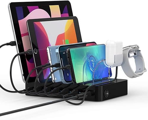 SooPii 60W/12A Stazione di Ricarica a 6 porte, ricarica rapida USB C PD da 20 W per lPhone 14/13/12, supporto 2 in 1, 6 cavi corti inclusi per telefoni, tablet e altri - Fashionser