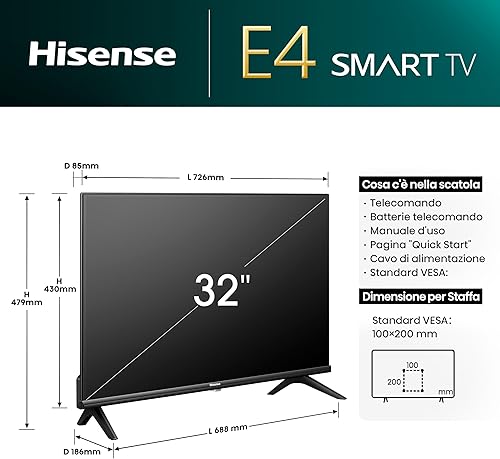 Hisense TV 40' Full HD 2025 40E43QT, Smart TV VIDAA U8, Airplay2, Game Mode, Works with Alexa, Tuner DVB-T2/S2 HEVC 10, lativù, 40'', 2025 LED - Fashionser