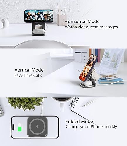 KU XIU X40 Caricatore Wireless 3 in 1 Pieghevole in Alluminio per iPhone 15 14 13 12 Pro/Max/Plus, Caricabatterie Magnetica Compatibile con iWatch Ultra/8/SE/7/6/5/4/3/2 Air-Pods Pro/2/3 (Grigio) - Fashionser