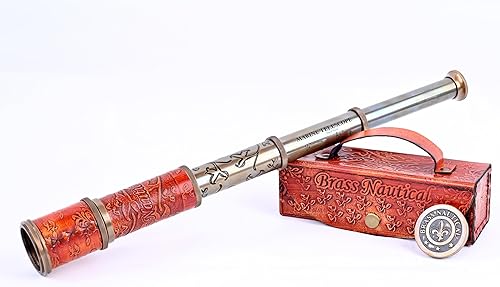 Brass Nautical Telescopio Antico Replica Pirata Royal Navy Telescopio Replica In Custodia In Pelle E Con Tubi Incisi - Dollond London - Fashionser