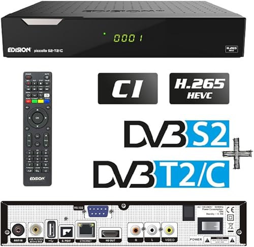 Edison Piccollo S2+T2/C - Ricevitore satellitare Full HD FTA HDTV DVB-S2/C/T2 (HDMI, AV, USB 2.0, Display,CA,CI,LAN) con cavo HDMI - Fashionser