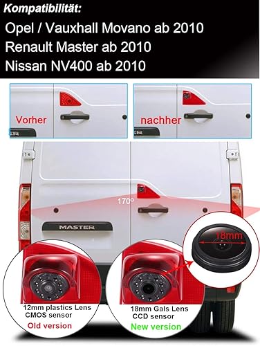 Telecamera Auto Posteriore con Luce Del Freno, Visione Notturna IR HD Impermeabile Telecamera Retromarcia per Opel Vauxhall Movano ab 2010/Renault Master ab 2010/Nissan NV400 ab 2010 Transporter Van - Fashionser