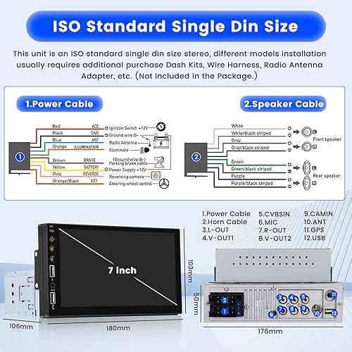 Hikity CarPlay Autoradio 1 DIN con Schermo, 7 Pollici 1 Din Stereo Auto Bluetooth con Android Auto Bluetooth Vivavoce FM AUX 2USB SWC Mirror Link + MIC + Telecamera Posteriore Impermeabile - Fashionser